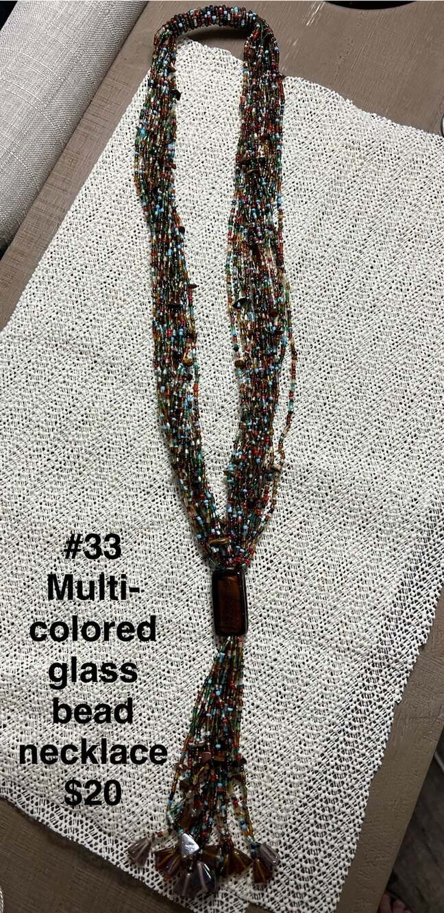 Multi-Colored Glass Seed Bead Necklace with Tassel and Art Glass Pendants